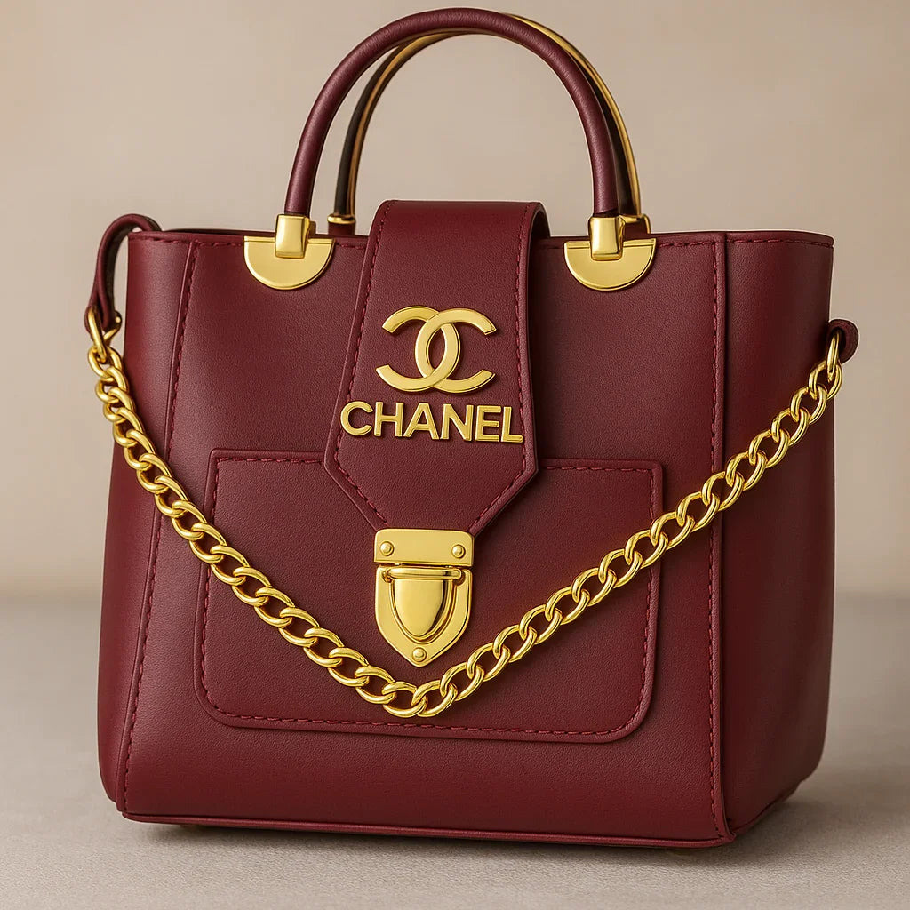 Chanel-Inspired Burgundy Luxury Handbag with Gold Chain – Razia Hijab