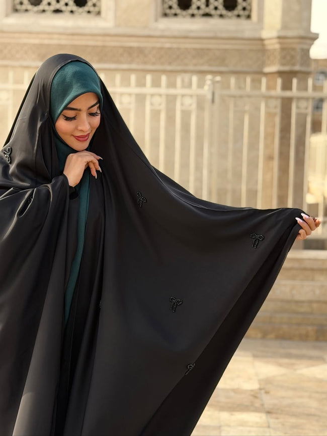 Premium Irani Handwork Abaya | Bow Embellished | - Razia Hijab Hover Image