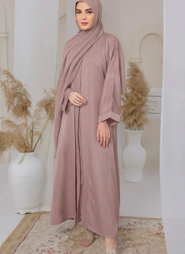 Luxury Mauve Embroidered Abaya with Hijab – Modest Islamic Wear for Women Main Image