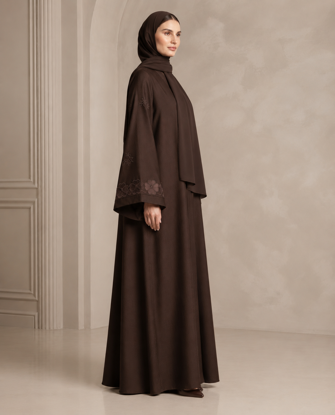 Elegant Embroidered Brown Abaya with Matching Hijab