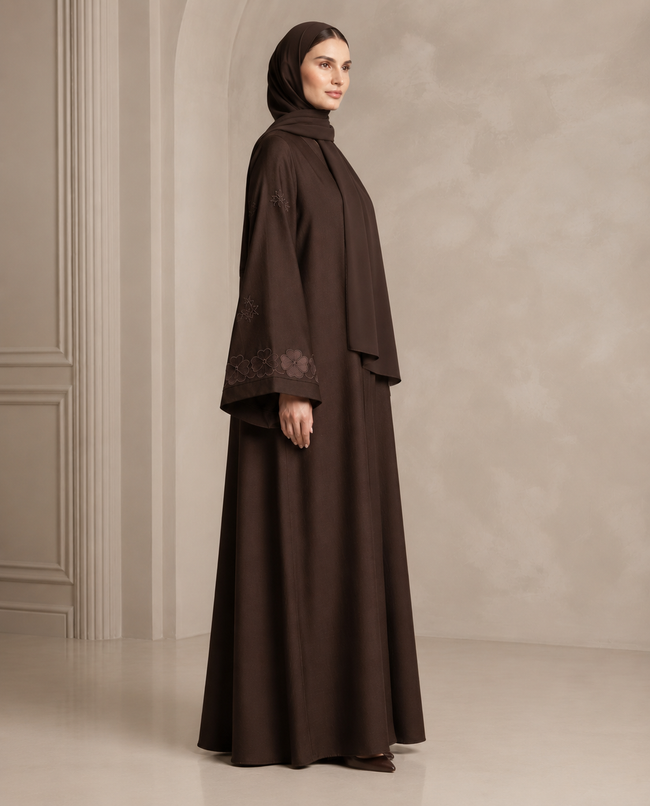 Elegant Embroidered Brown Abaya with Matching Hijab Main Image