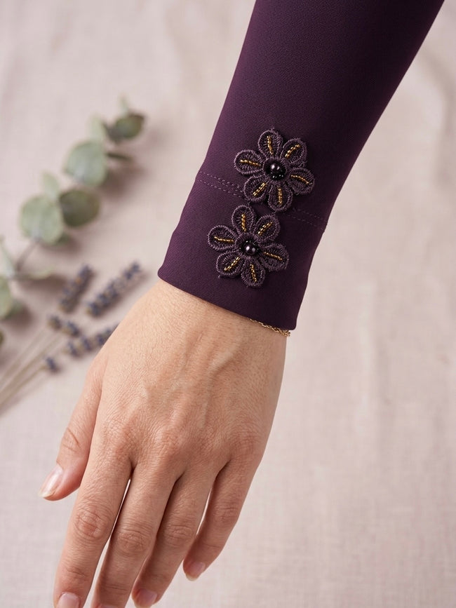 Plum floral embroidered cuff sleeve with golden bead and pearl detailing Hover Image