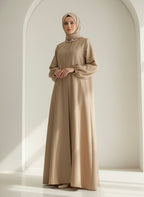Elegant Golden Modest Abaya with Front Button Detail & Balloon Sleeves - Razia Hijab