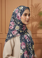 Premium Floral Bloom Lawn Hijab – Elegant Navy Blue - Razia Hijab