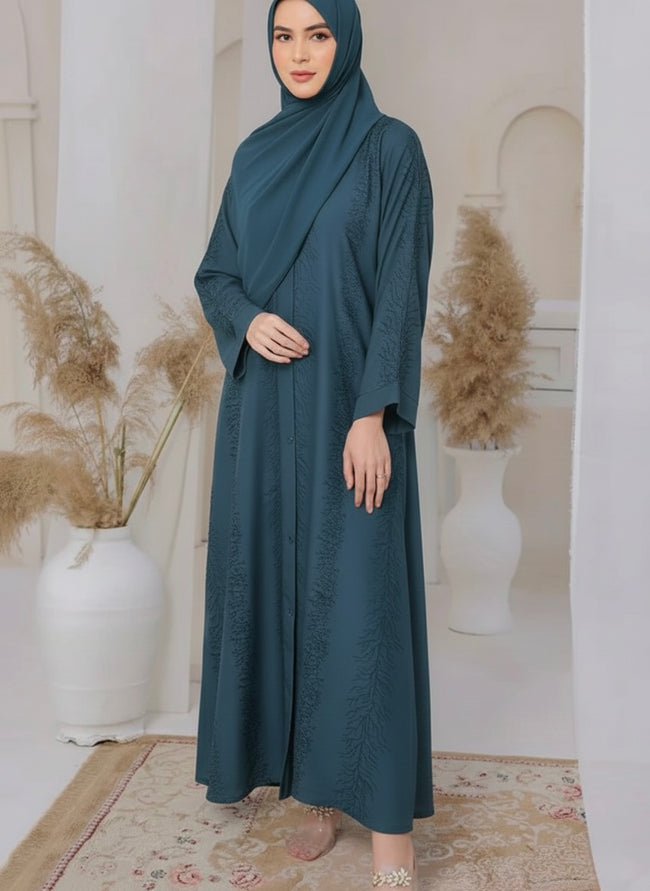 Elegant Teal Blue Textured Jacquard Open Abaya for Women | Front Button Luxury Modest Wear Main Image