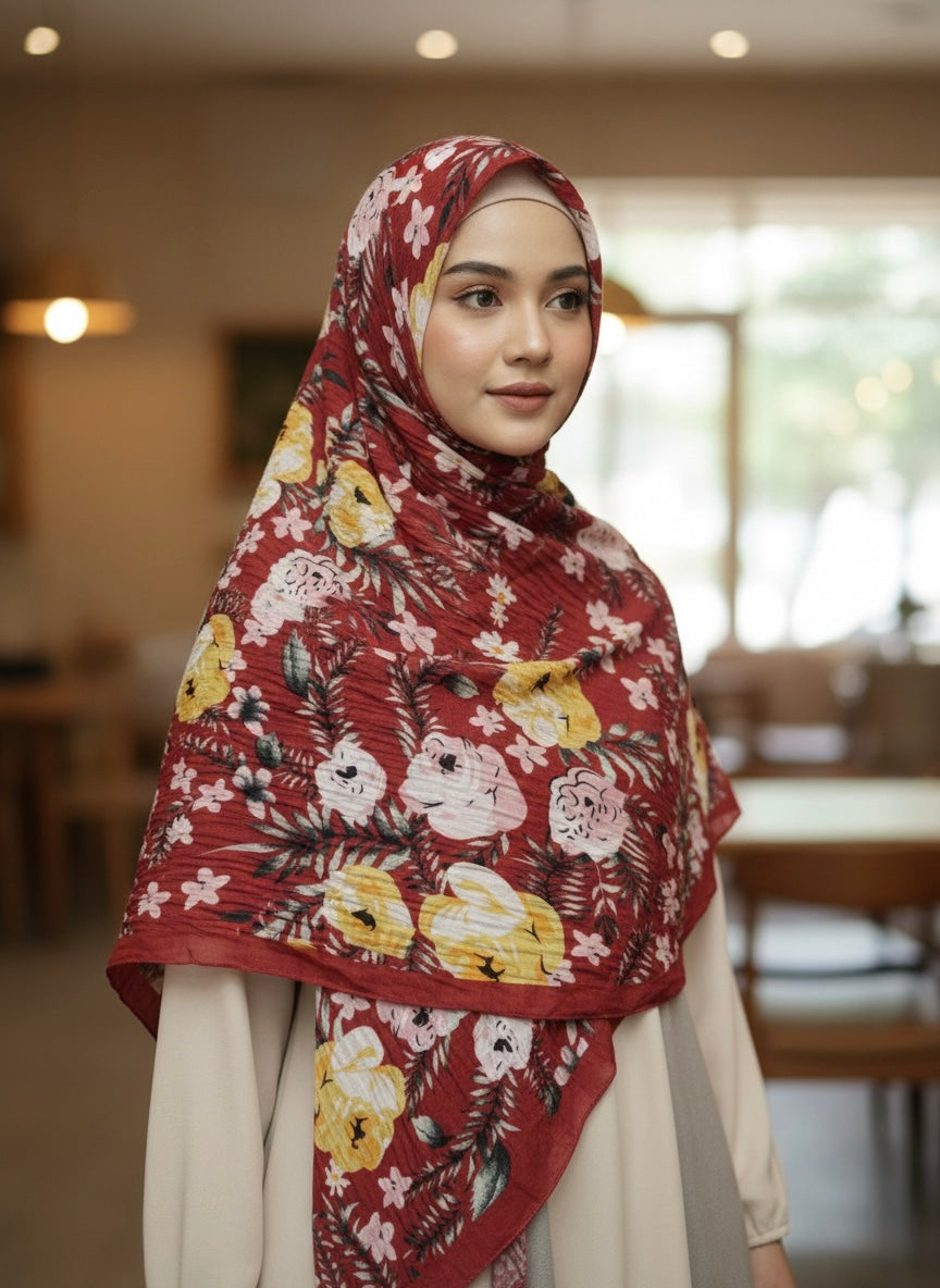 Premium Pleated Maroon Floral Lawn Hijab - Razia Hijab