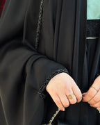 Elegant Black Irani Abaya – Front Open with Drawstring Sleeves - Razia Hijab