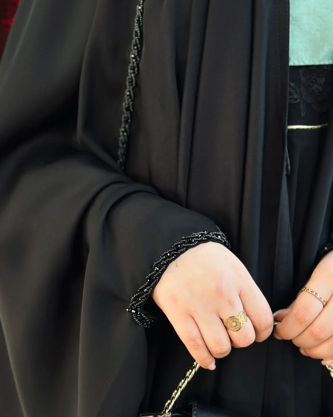 Elegant Black Irani Abaya – Front Open with Drawstring Sleeves - Razia Hijab
