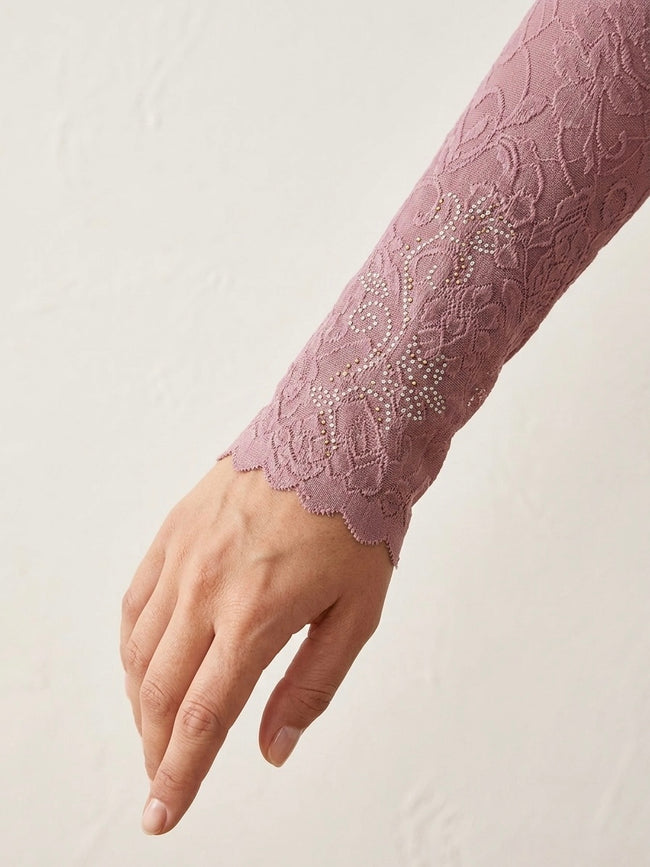 Dusty pink lace embroidered cuff sleeve with pearl and bead detailing Hover Image