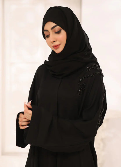 Black Nida Fabric Hand Work Front Open Abaya