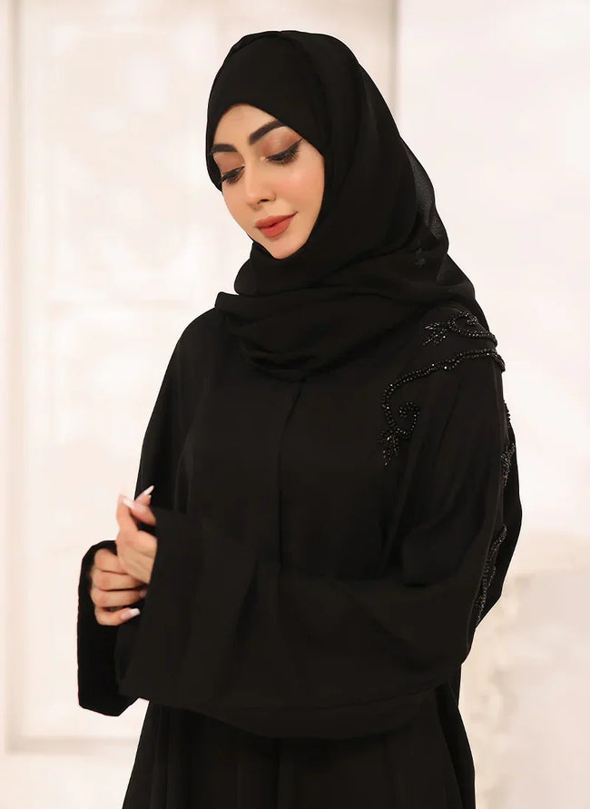 Black Nida Fabric Hand Work Front Open Abaya Main Image