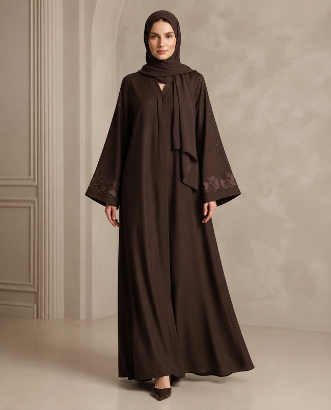 Elegant Embroidered Brown Abaya with Matching Hijab Hover Image