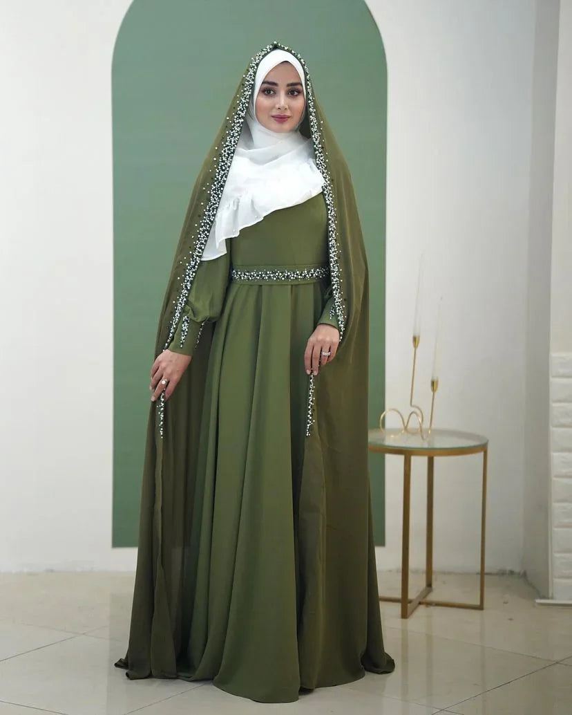 emerald green hijab dress Bridal Gown Muslim Emerald Green Evening Dress: High Neck Long Sleeve Kaftan with Appliqued Tassels & Beaded Detailing, Perfect for Formal Occasions