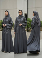 Premium Iranian Embroidered Abaya – Elegant Grey Floral Design with Matching Hijab - Razia Hijab