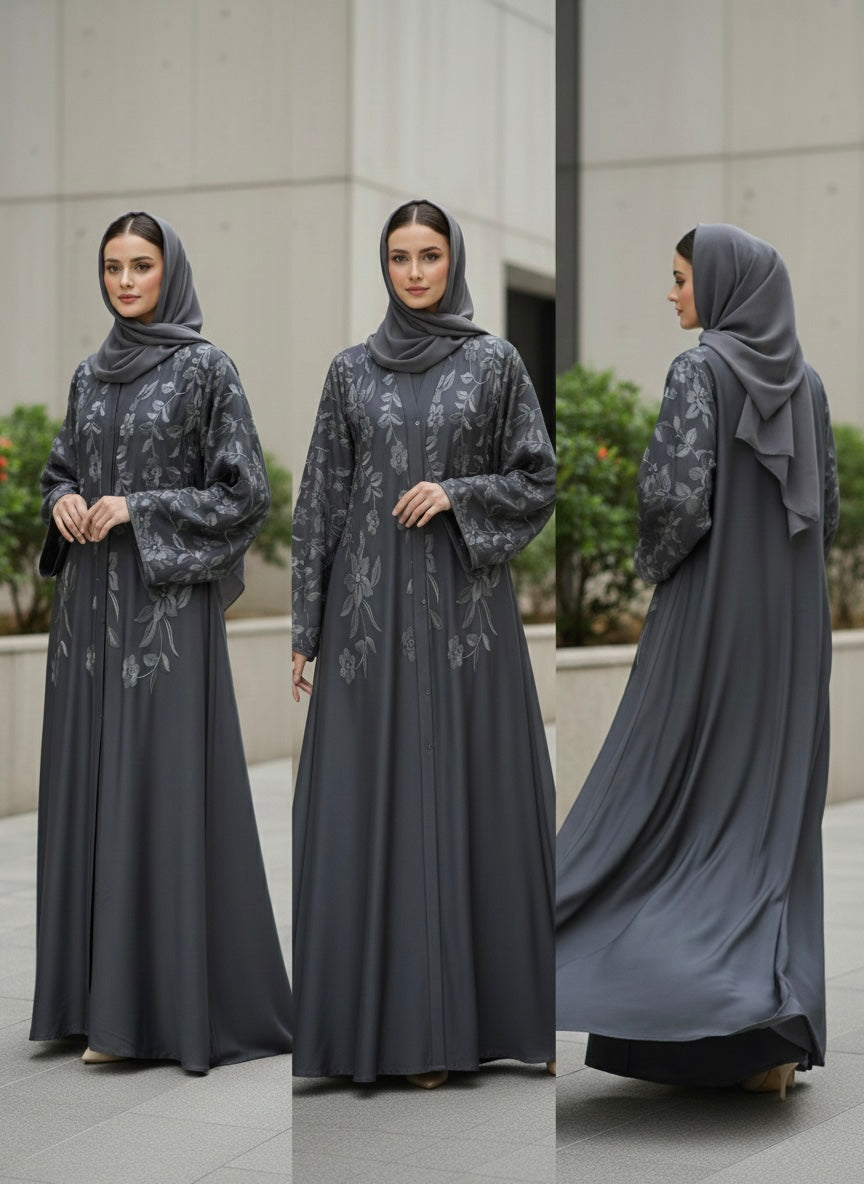 Premium Iranian Embroidered Abaya – Elegant Grey Floral Design with Matching Hijab - Razia Hijab