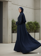 Elegant Navy Floral Abaya – Modest Long Flowing Dress with Full Sleeves & Front Button Closure - Razia Hijab