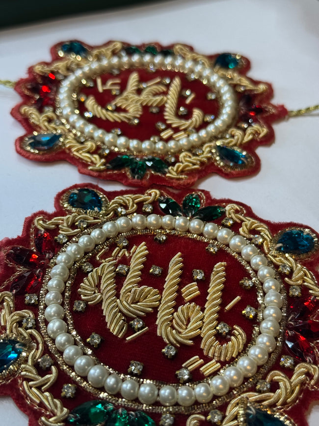 Handmade Imam Zamin for Nikah & Weddings – Red Velvet, Gold Embroidery, Pearls & Crystal Stones Main Image