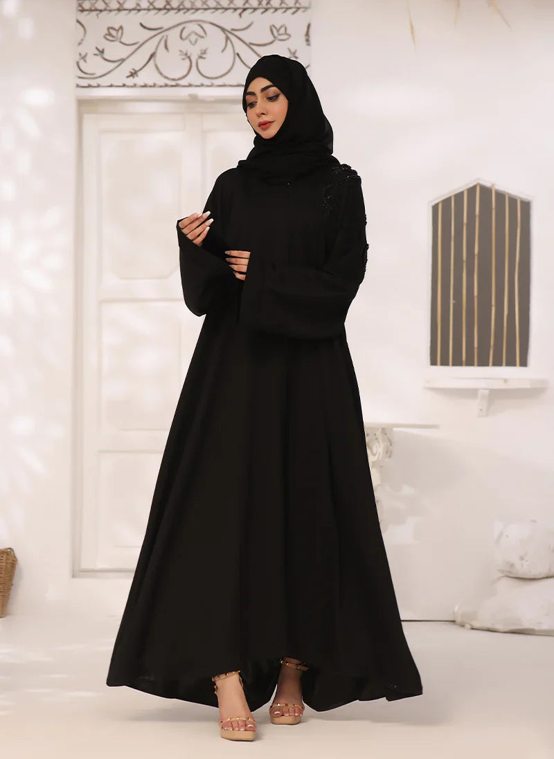 Black Nida Fabric Hand Work Front Open Abaya