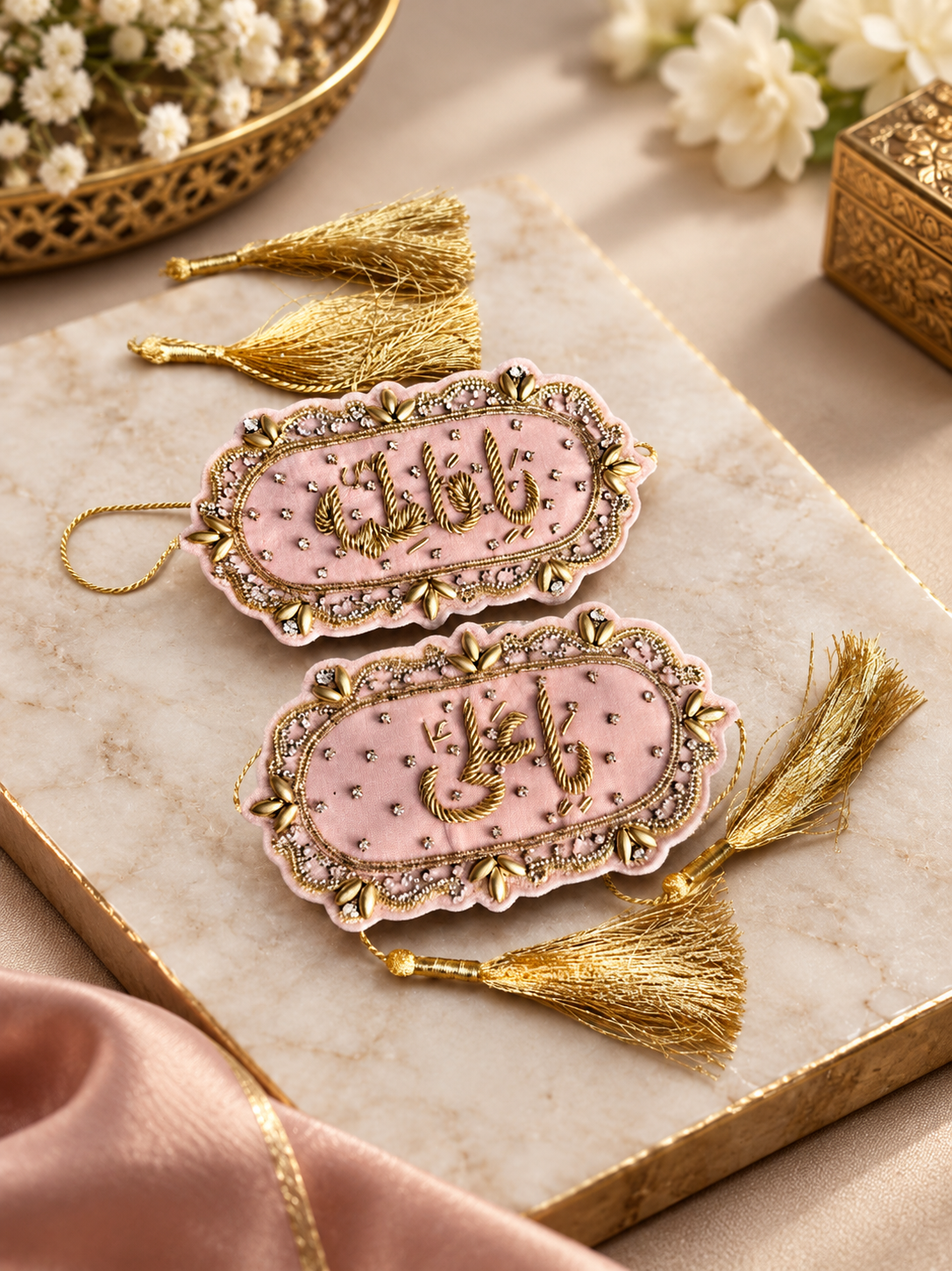 Luxury Handmade Imam-e-Zamin – Pink & Gold Embroidered Bridal Imam Zamin with Golden Tassel
