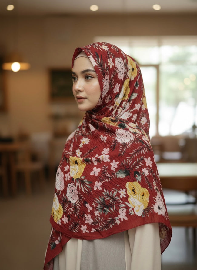 Premium Pleated Maroon Floral Lawn Hijab - Razia Hijab Hover Image