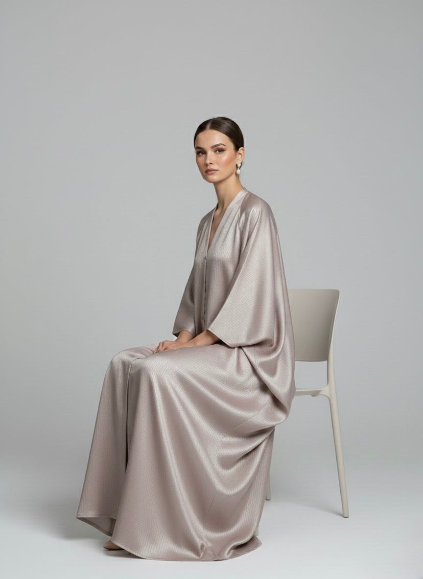 Elegant Silver Champagne Flowing Abaya – Button Front Modest Outerwear - Razia Hijab