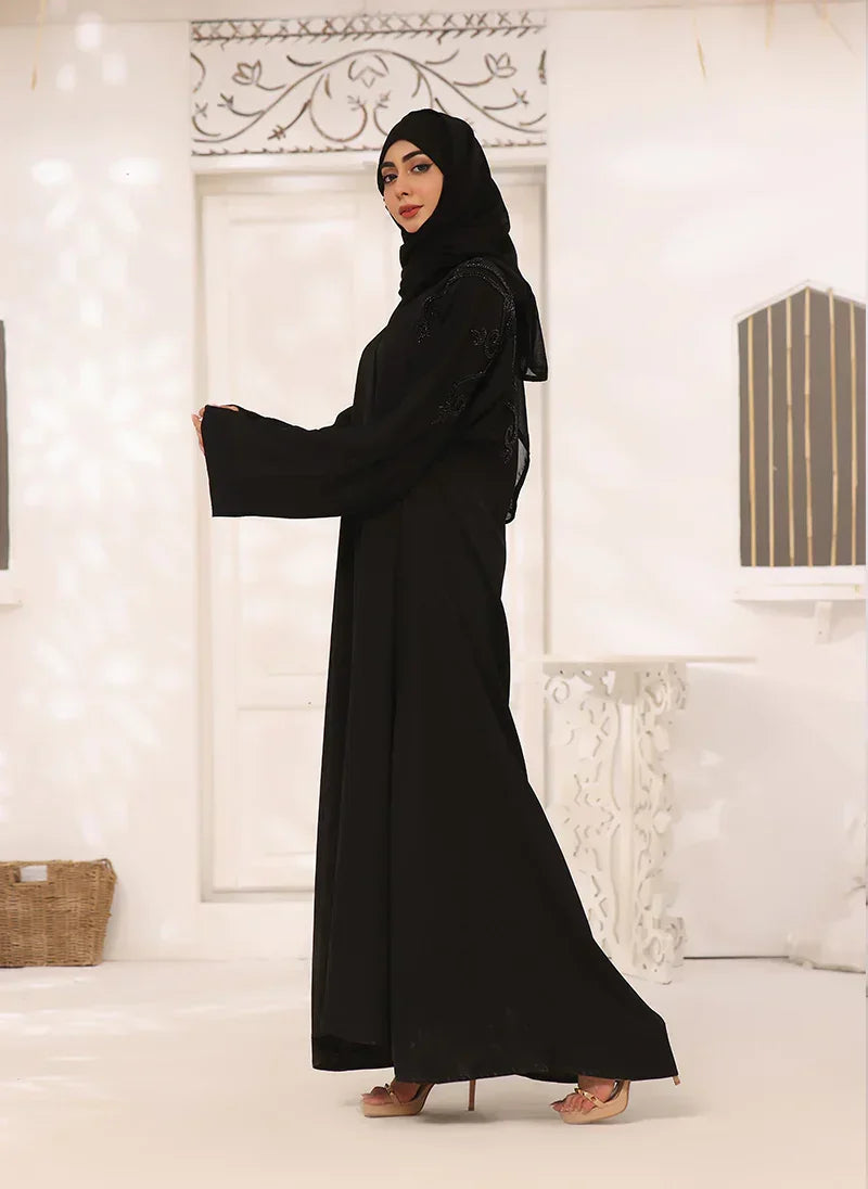 Black Nida Fabric Hand Work Front Open Abaya - Razia Hijab