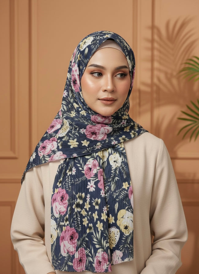 Premium Floral Bloom Lawn Hijab – Elegant Navy Blue - Razia Hijab Hover Image
