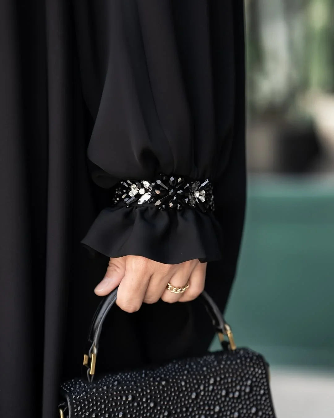 Iraqi Black Abaya – Original Nida Fabric with Handwork Sleeves - Razia Hijab