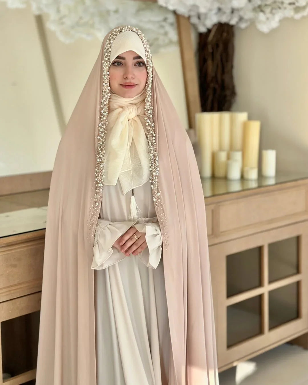 FESTIVE HANDWORK BRIDAL CHADOR (CREAM) - Razia Hijab