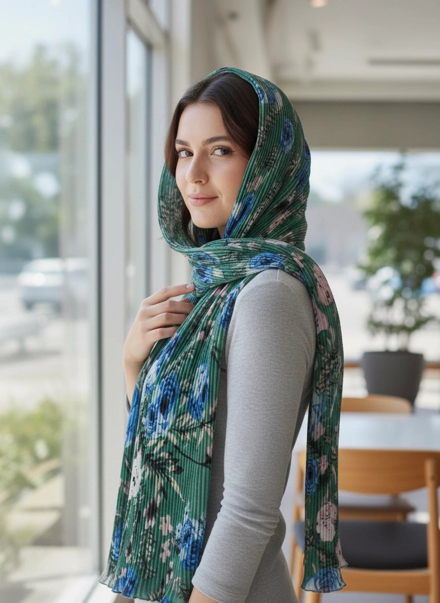 Premium Pleated Emerald Floral Lawn Hijab