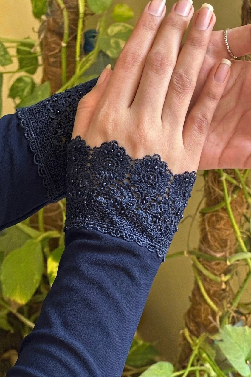 Premium Navy Blue Lace Cuff Arm Sleeves