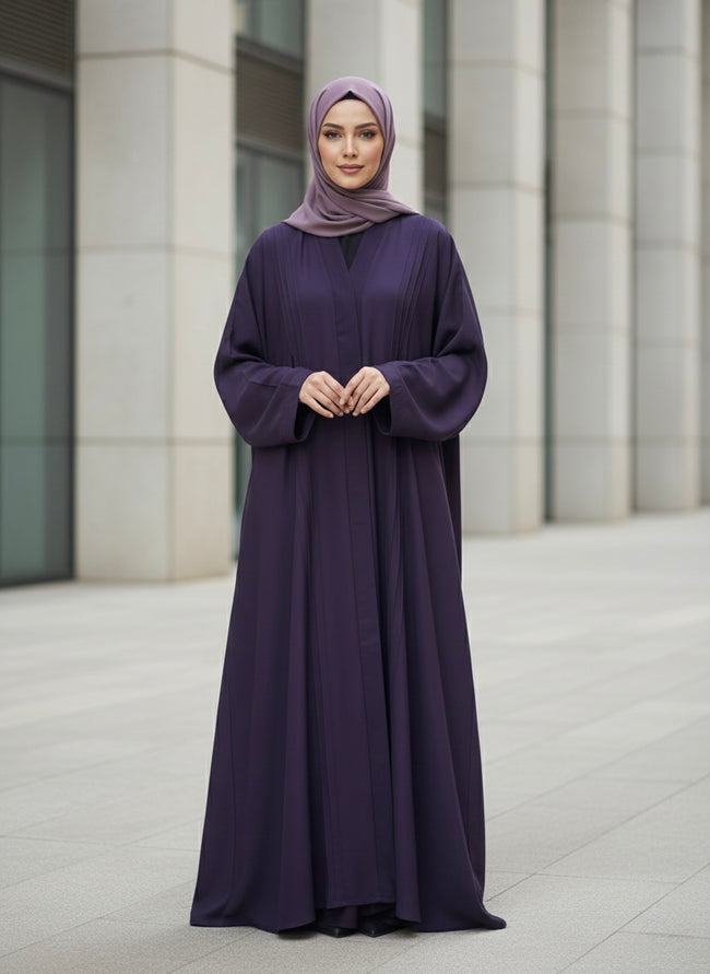 Elegant Deep Purple Pleated Abaya - Premium Nida Fabric Main Image