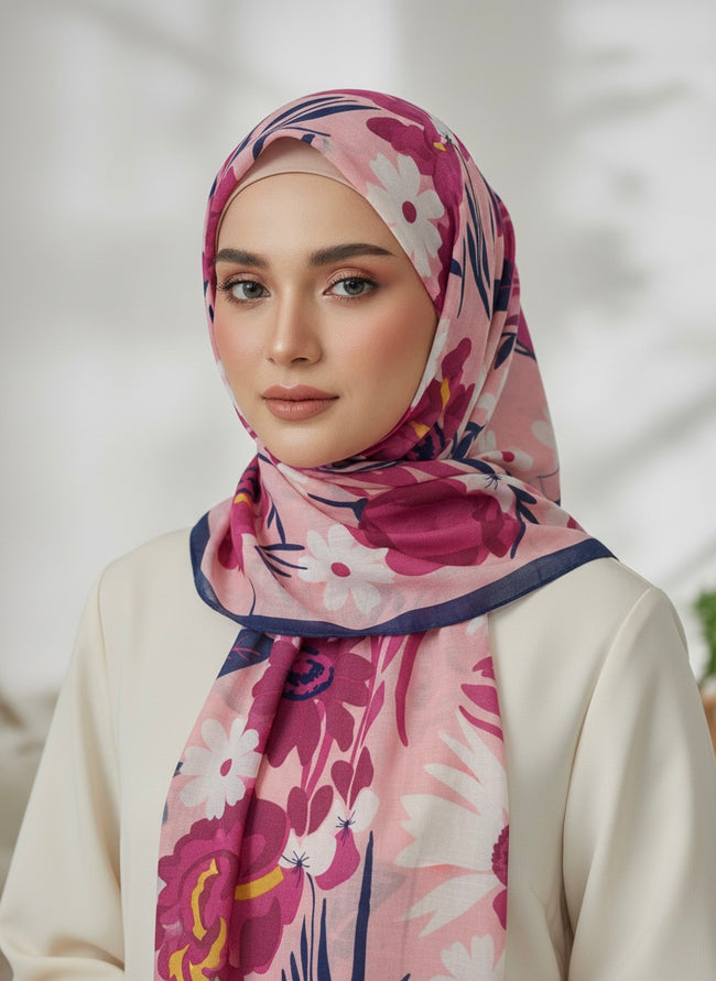 Premium Rose Pink Floral Lawn Hijab - Razia Hijab Hover Image