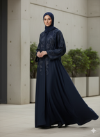 Elegant Navy Floral Abaya – Modest Long Flowing Dress with Full Sleeves & Front Button Closure - Razia Hijab