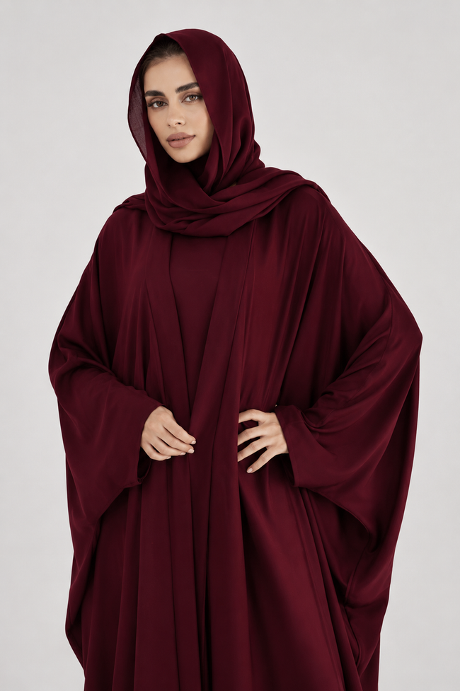 Burgundy outer abaya for women by Raziahijab Hover Image