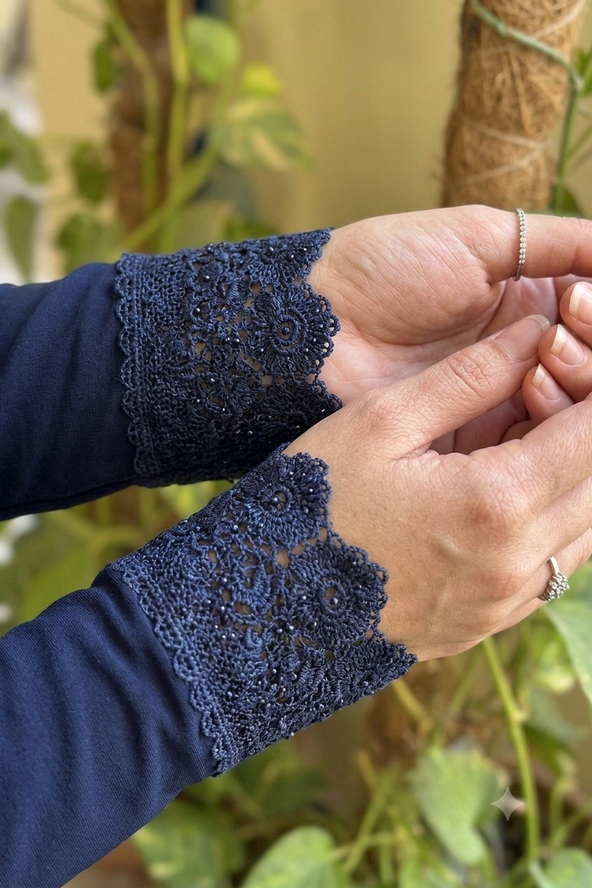 Premium Navy Blue Lace Cuff Arm Sleeves