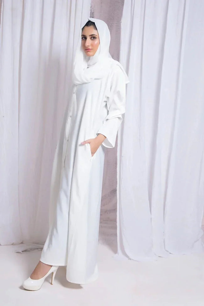 Falisha White Abaya With Pockets for Hajj & Umrah - Razia Hijab Hover Image