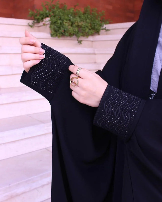 Elegant Black Irani Abaya – Front Open with Embroidered Sleeves Main Image