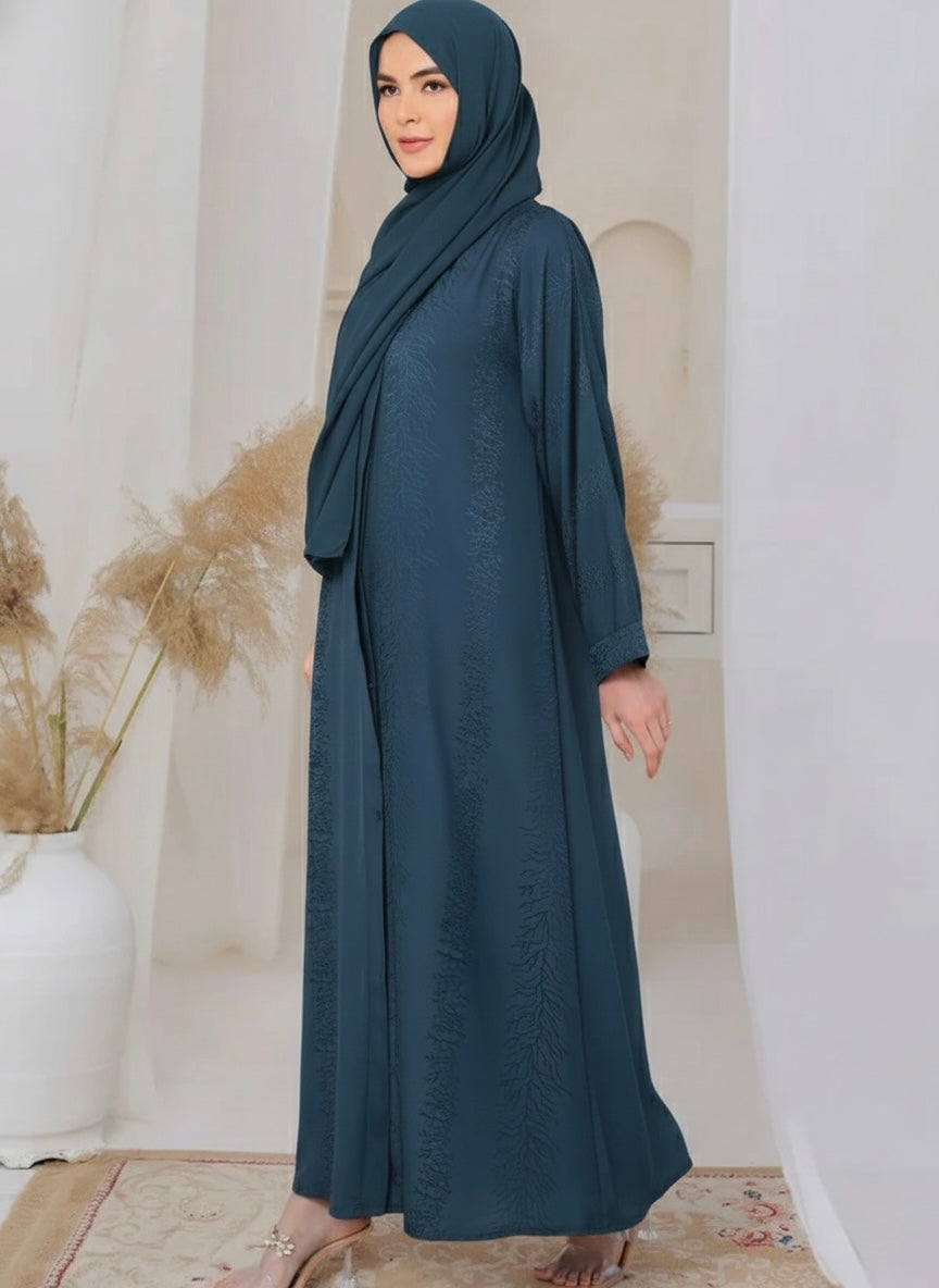 Elegant Teal Blue Textured Jacquard Open Abaya for Women | Front Button Luxury Modest Wear - Razia Hijab