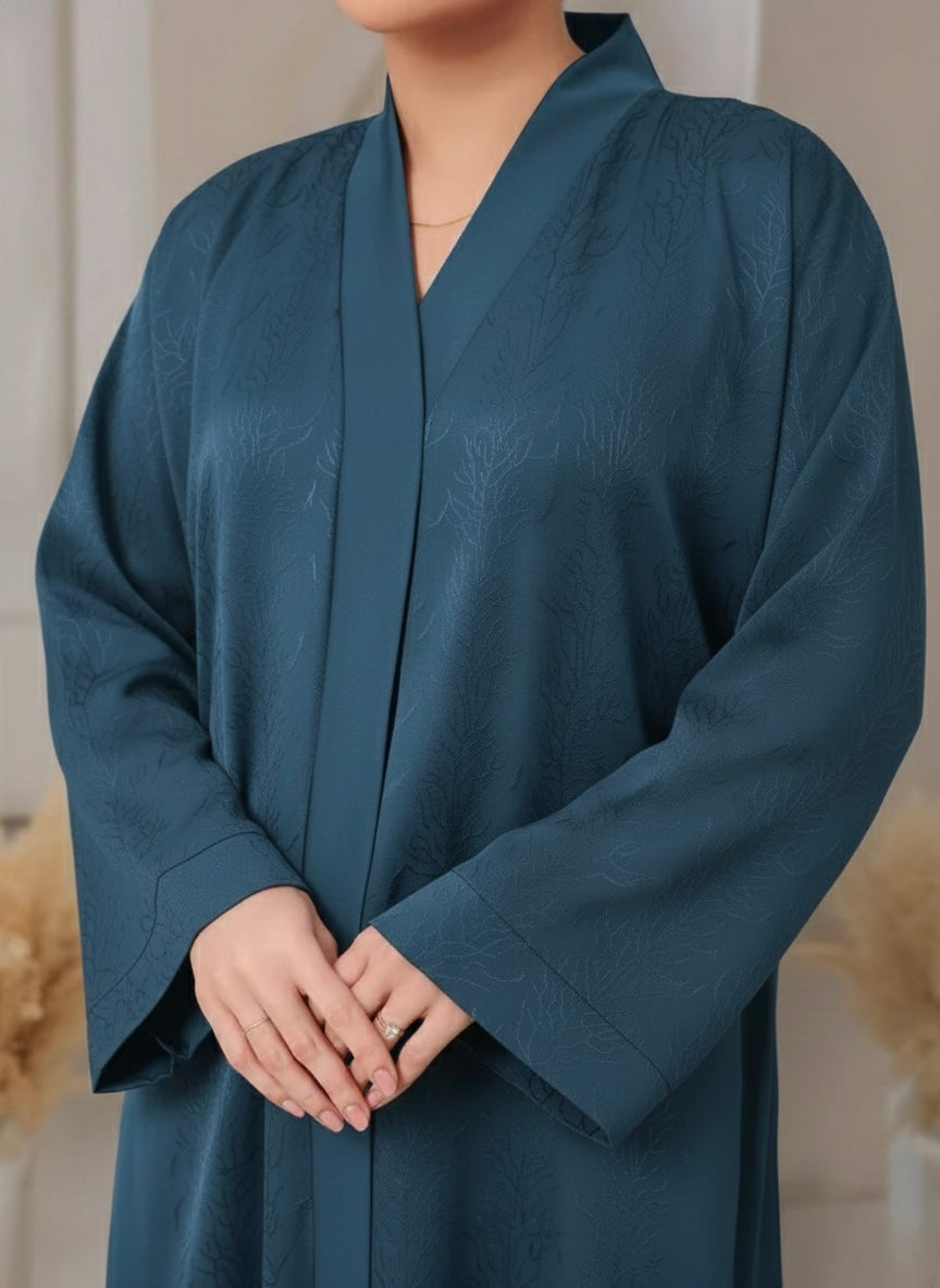 Elegant Teal Blue Textured Jacquard Open Abaya for Women | Front Button Luxury Modest Wear - Razia Hijab