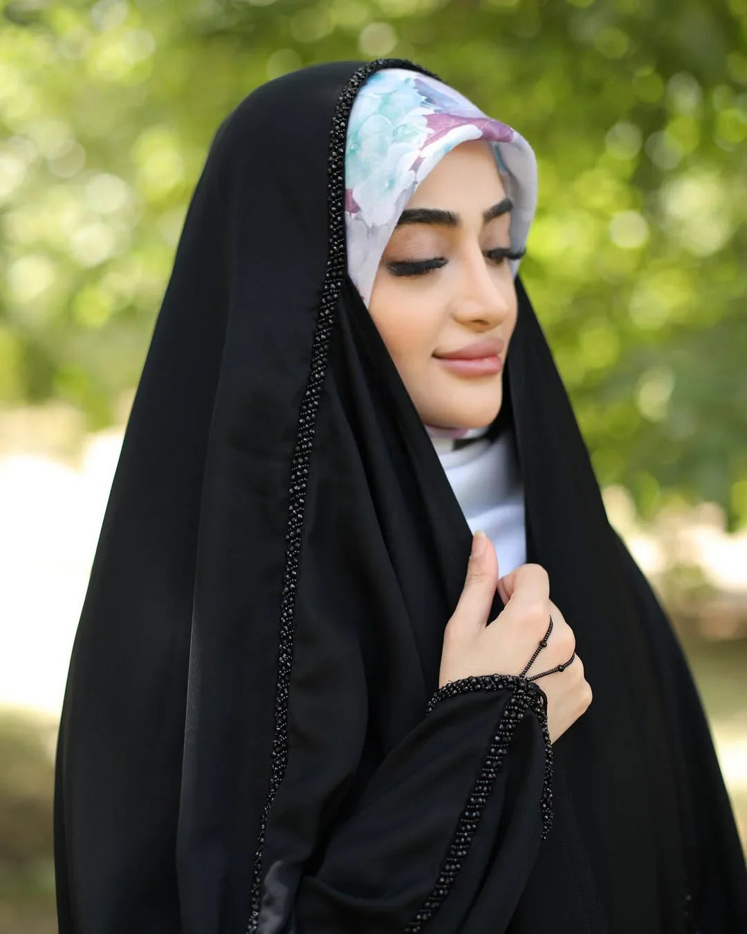 Irani Black Dori Abaya with Black Pearls - Razia Hijab
