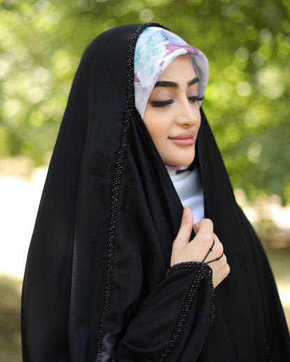 Irani Black Dori Abaya with Black Pearls