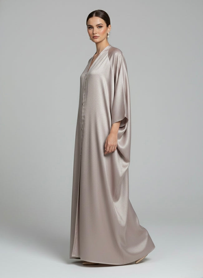 Elegant Silver Champagne Flowing Abaya – Button Front Modest Outerwear Main Image