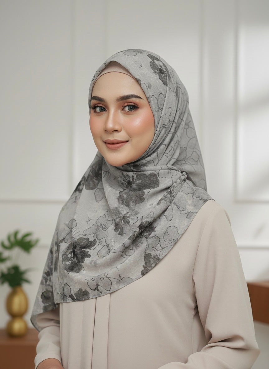 Premium Charcoal Floral Lawn Hijab - Razia Hijab