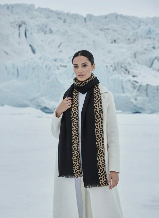 Chic Black Hijab with Leopard Print Border – Luxury Winter Edition Shawl Main Image