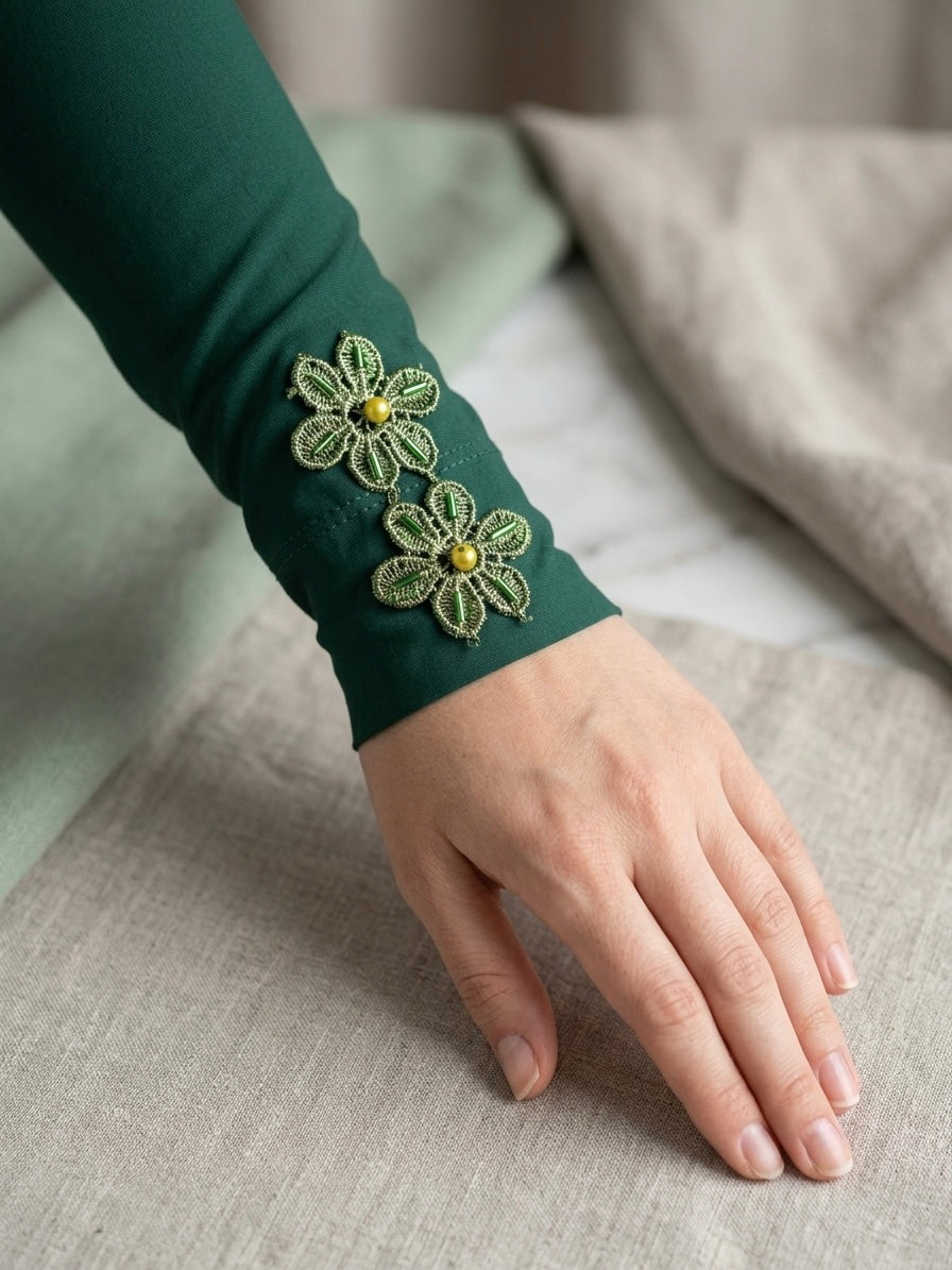 Green Floral Beaded Handwork Sleeve