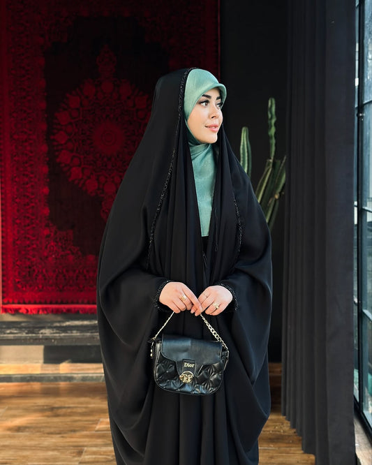 Elegant Black Irani Abaya – Front Open with Drawstring Sleeves