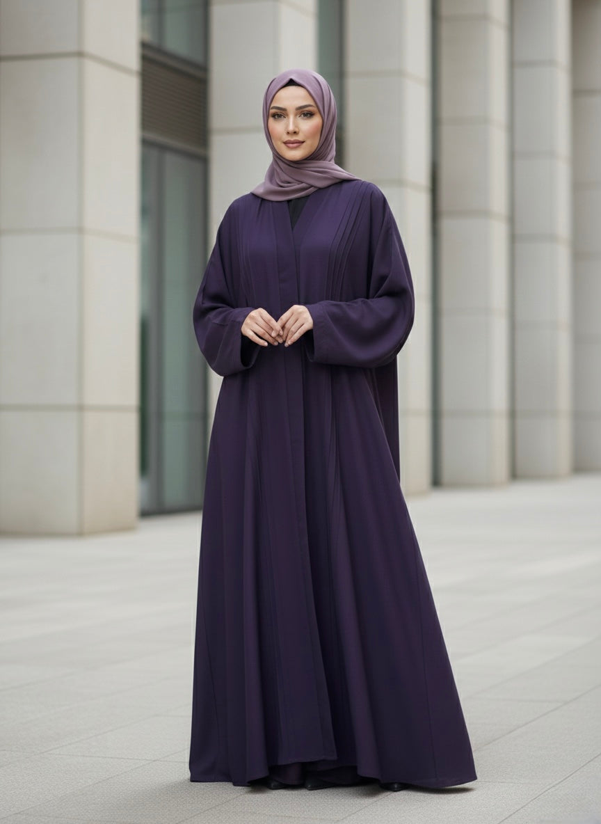 Elegant Deep Purple Pleated Abaya - Premium Nida Fabric - Razia Hijab