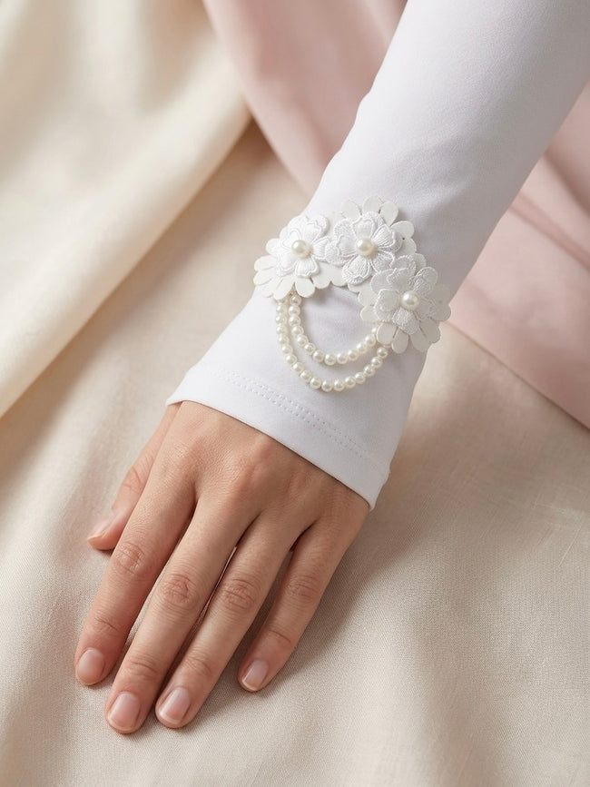 Elegant White Floral Pearl Handwork Sleeve Hover Image