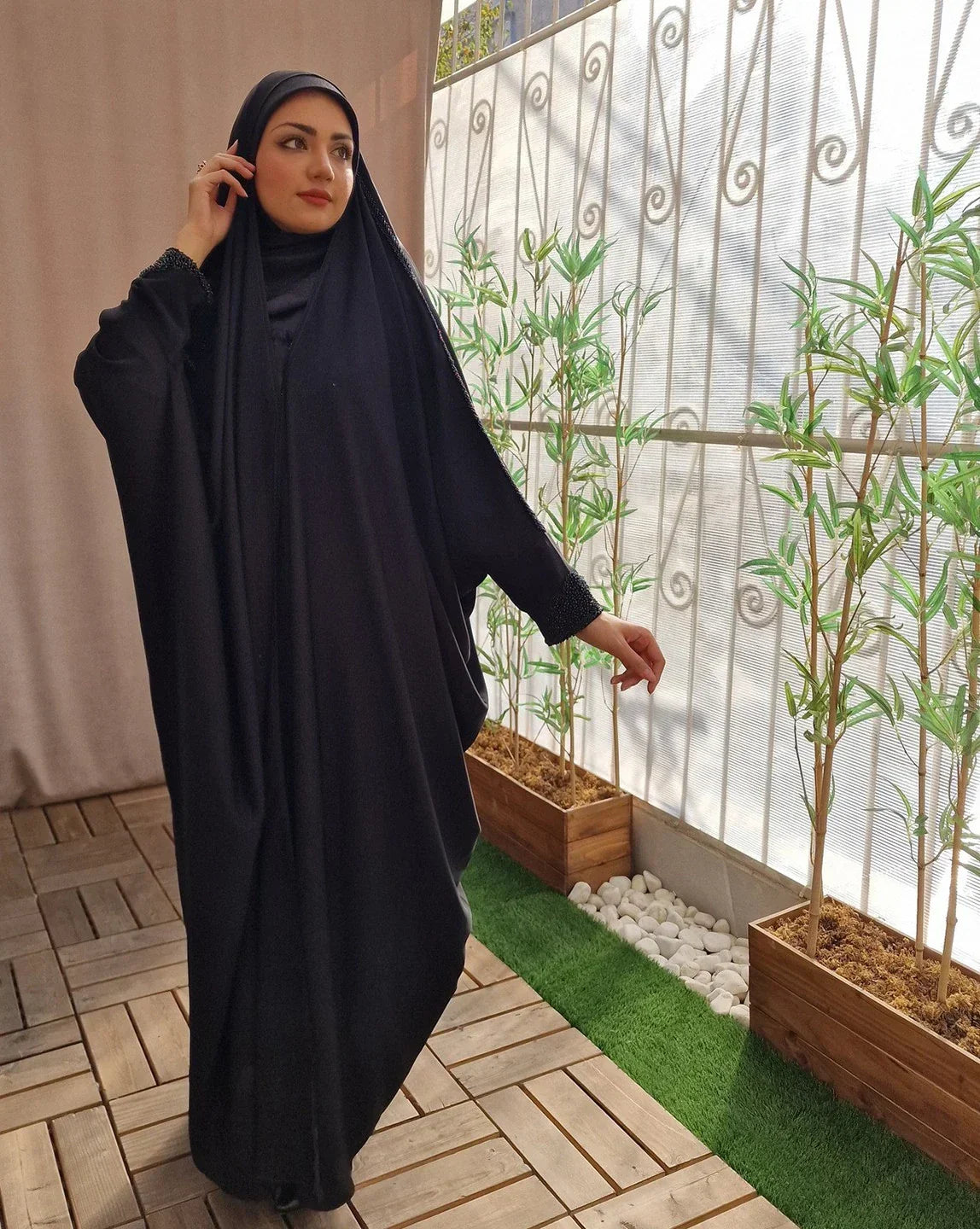 Iraqi abaya stonework detailing - Razia Hijab